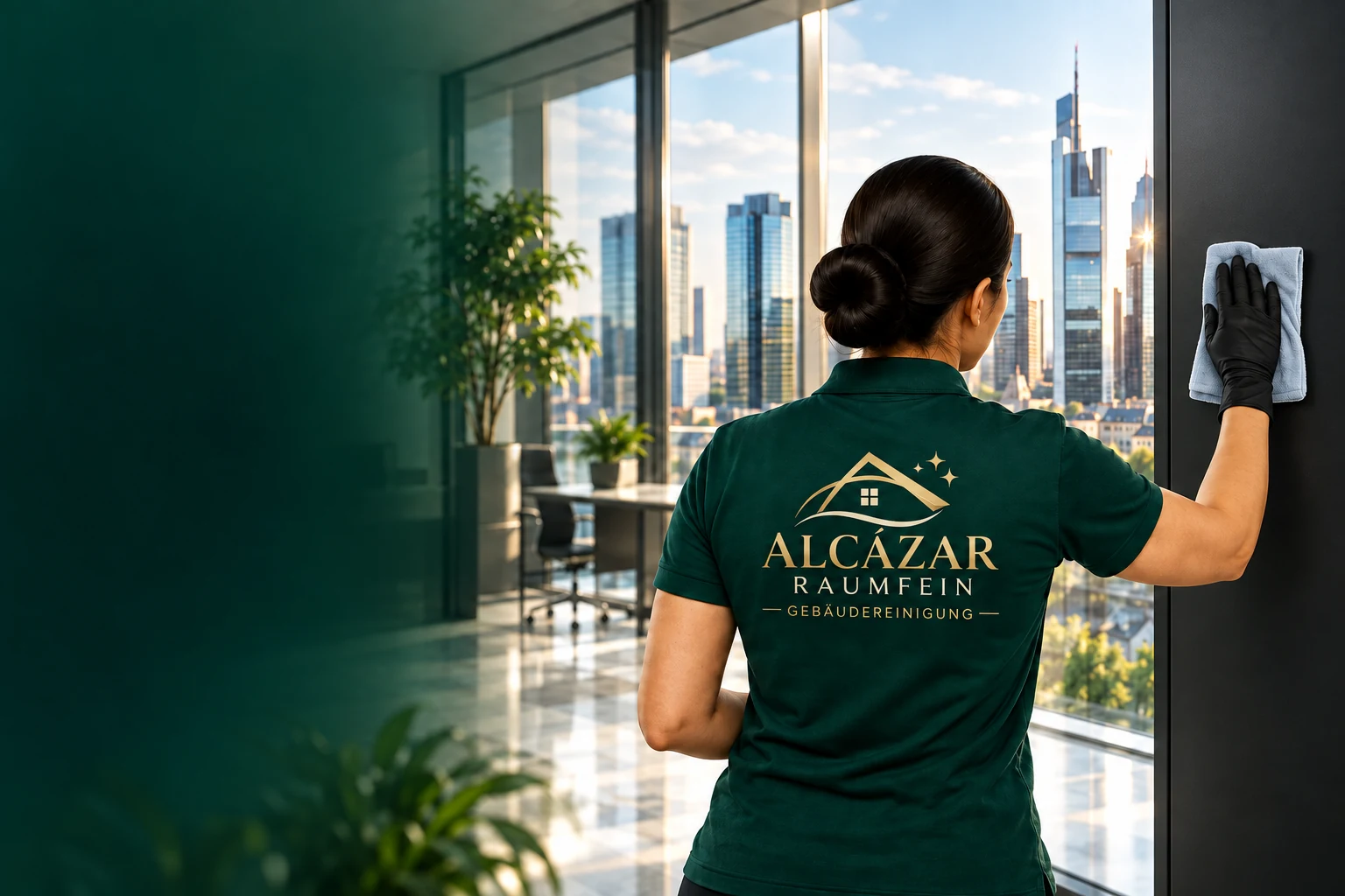 Gestaltungsvisualisierung: Frau in grüner Arbeitskleidung mit ALCÁZAR-Logo reinigt mit ihrer rechten Hand eine dunkle Wandfläche, mit Blick auf die Frankfurter Skyline.